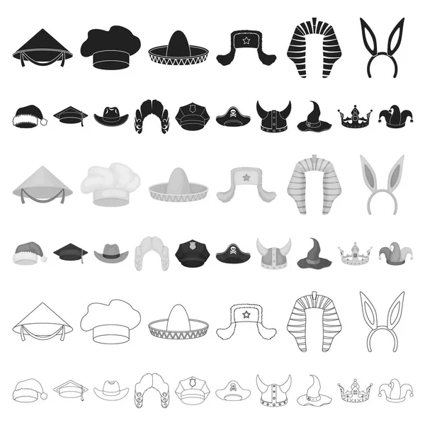 Diferentes tipos de ícones de desenhos animados de chapéus na coleção de conjuntos para design.Headdress vector symbol stock web illustration . — Vetor de Stock
