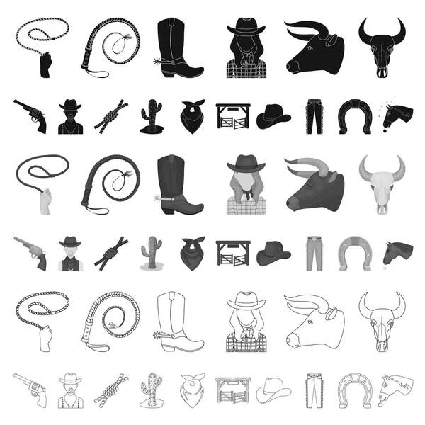 Rodeo, ícones de desenhos animados de competição na coleção de conjuntos para design. Cowboy e equipamento símbolo vetorial ilustração web . — Vetor de Stock