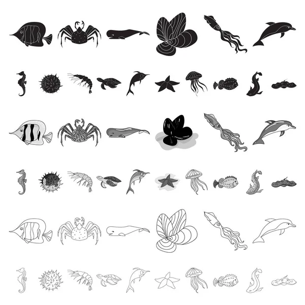 Una variedad de animales marinos iconos de dibujos animados en la colección de conjuntos para el diseño. Peces y mariscos vector símbolo stock web ilustración . — Vector de stock