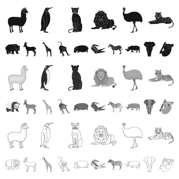 Ícones de desenhos animados de animais diferentes na coleção de conjuntos para design. ilustração da teia do estoque do símbolo do vetor do pássaro, do predador e do herbívoro . —  Vetores de Stock