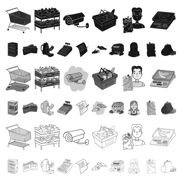 Супермаркет и оборудование в коллекции для дизайна. Покупка векторных векторных символов продукции на веб-иллюстрации . — стоковый вектор