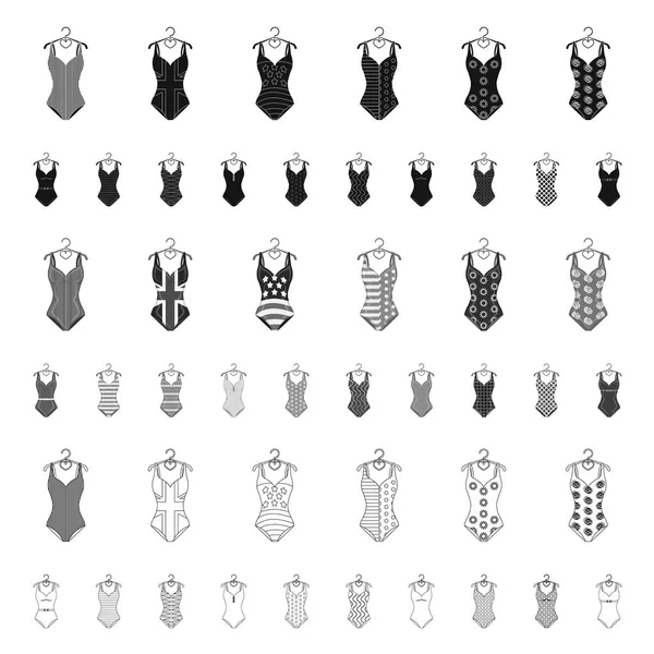 Verschillende soorten zwemkleding cartoon pictogrammen in set collectie voor design. Zwemmen accessoires vector symbool voorraad web illustratie. — Stockvector