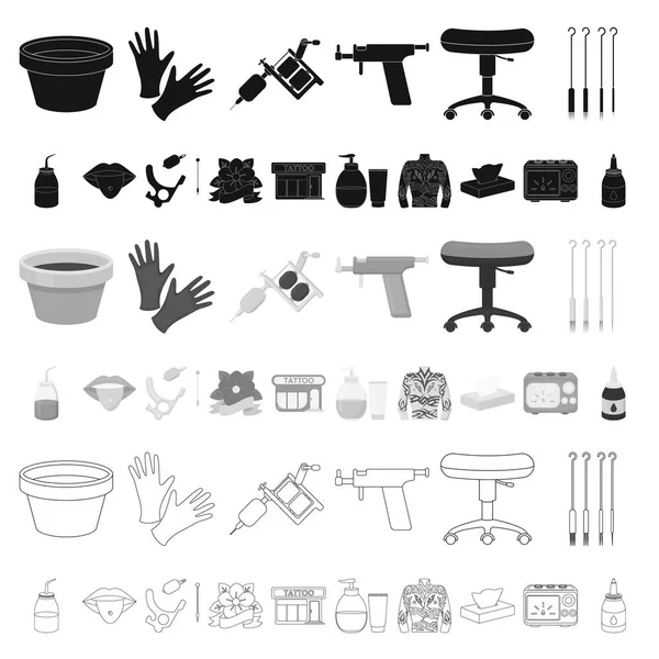 Tattoo, puttend uit het lichaam cartoon pictogrammen in set collectie voor design. Tattoo salon en apparatuur symbool voorraad web vectorillustratie. — Stockvector