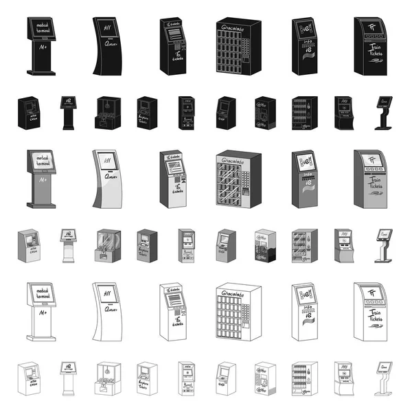 Варьирование терминалов в наборе для дизайна. Векторная веб-иллюстрация векторных символов банкоматов и торговых устройств . — стоковый вектор