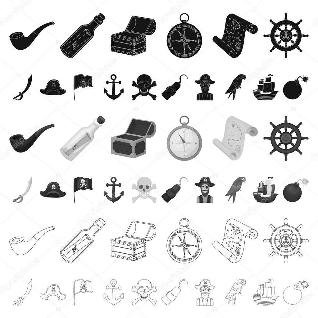 Pirate, sea robber cartoon icons in set collection for design. Treasures, attributes vector symbol stock web illustration.