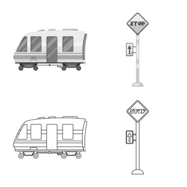Tren ve istasyon logo vektör tasarımı. Web için tren ve bilet hisse senedi simgesi kümesi.