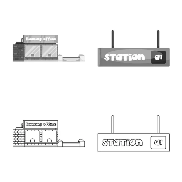 Diseño vectorial de la señal de tren y estación. Colección de ilustración de vectores de trenes y billetes . — Vector de stock