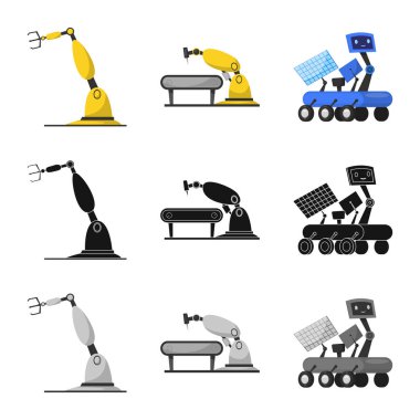 Robot ve fabrika işareti vektör Illustration. Web için robot ve uzay hisse senedi simgesi kümesi.
