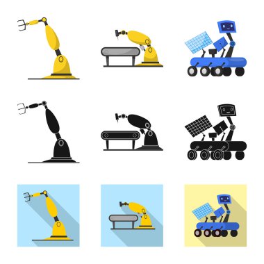 Robot ve fabrika simge vektör Illustration. Web için robot ve uzay hisse senedi simgesi kümesi.
