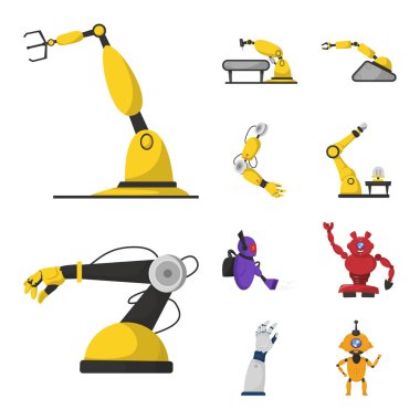 Robot ve fabrika simge vektör Illustration. Web için robot ve uzay hisse senedi simgesi kümesi.