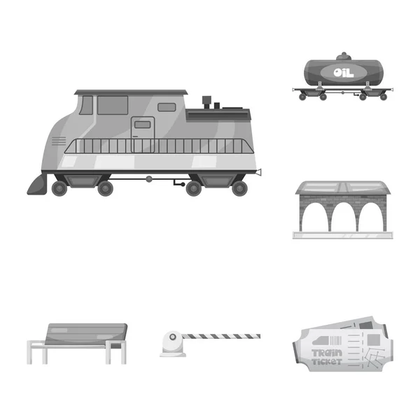 기차 및 역 상징의 벡터 그림입니다. 주식에 대 한 기차 및 티켓 벡터 아이콘 세트. — 스톡 벡터