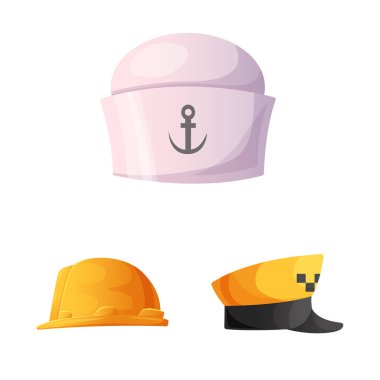 Şapkalar ve kap simge vektör tasarımı. Web için hisse senedi sembolü şapkalar ve aksesuar koleksiyonu.