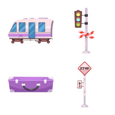 Tren ve istasyon logo vektör tasarımı. Tren ve bilet hisse senedi vektör çizim seti.