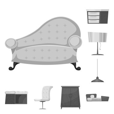 Mobilya ve daire sembolü yalıtılmış nesne. Mobilya ve ev hisse senedi simgesi web için set.