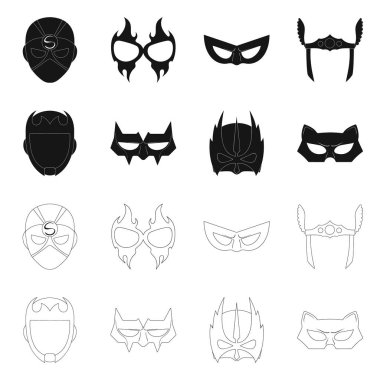 Kahraman ve maske işaret yalıtılmış nesne. Kahraman ve süper kahraman hisse senedi vektör çizim seti.