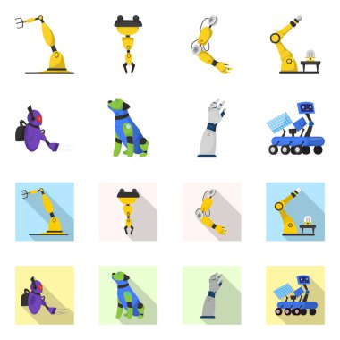 Robot ve fabrika simgesi yalıtılmış nesne. Robot ve uzay hisse senedi vektör çizim topluluğu.