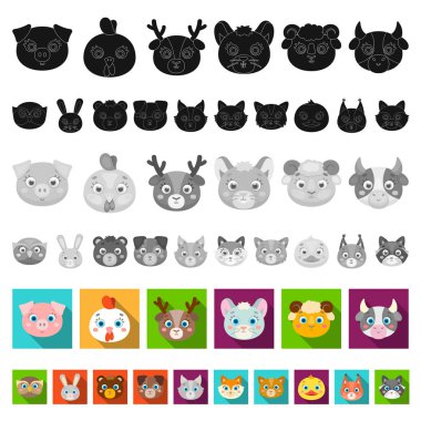 Ağızlıklar hayvanların set koleksiyonu tasarım için simgeleri düz. Yerli ve vahşi hayvanlar sembol stok web illüstrasyon vektör.