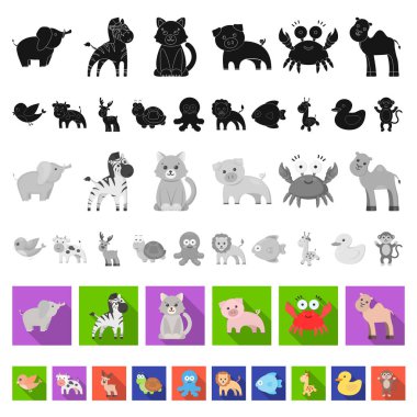 Set koleksiyonu tasarım için bir gerçekçi olmayan düz hayvan simgeler. Oyuncak hayvanlar sembol stok web illüstrasyon vektör.