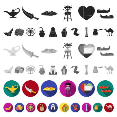 Ülke Birleşik Arap Emirlikleri düz set koleksiyonu tasarım için simgeler. Turizm ve cazibe simge stok illüstrasyon vektör.