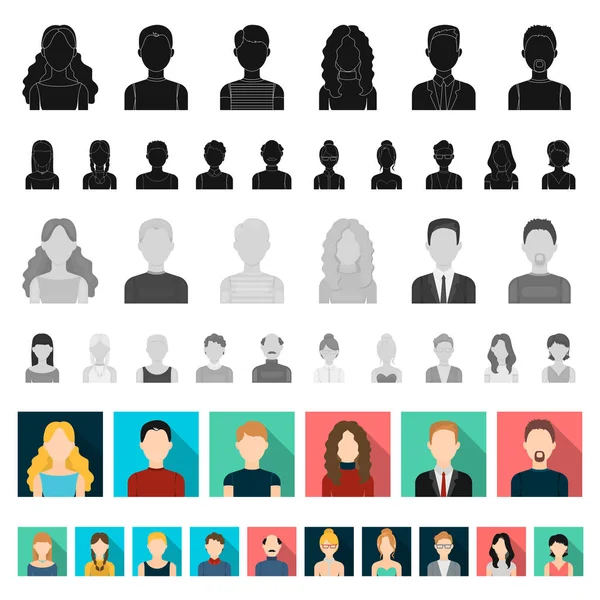 Avatar e iconos planos de la cara en la colección de conjuntos para el diseño. Una persona apariencia vector símbolo stock web ilustración . — Vector de stock