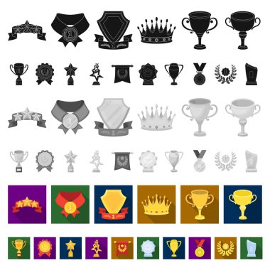 Kupalar ve ödüller set koleksiyonu tasarım için simgeleri düz. Sembol stok web illüstrasyon vektör ödül ve başarı.