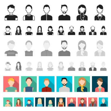 Avatar ve yüz düz simgeler set koleksiyonu tasarım için. Bir kişi s görünüm vektör simge stok web çizim.