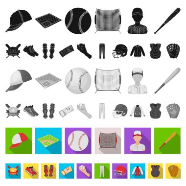 Düz set koleksiyonu tasarım için simgeleri beyzbol ve öznitelikleri. Sembol stok web illüstrasyon vektör beyzbol oyuncusu ve ekipman.