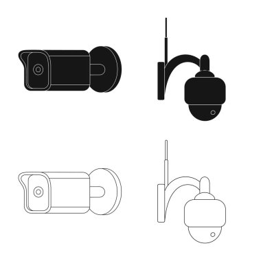 Cctv ve kamera işareti vektör tasarımı. Cctv ve sistem stok vektör çizim seti.