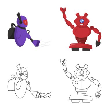 Robot ve fabrika işareti yalıtılmış nesne. Robot ve uzay hisse senedi vektör çizim seti.