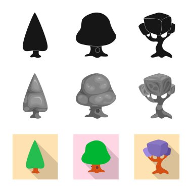 Ağaç ve doğa işareti vektör tasarımı. Web için ağaç ve taç hisse senedi simgesi kümesi.