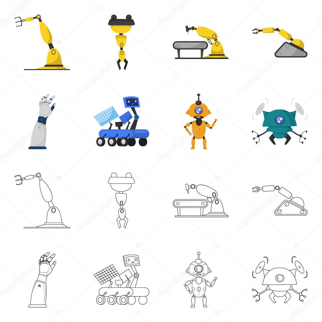Vector illustration of robot and factory logo. Set of robot and space stock symbol for web.