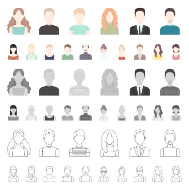 Set koleksiyonu tasarım için avatar ve yüz karikatür simgeler. Bir kişi s görünüm vektör simge stok web çizim.