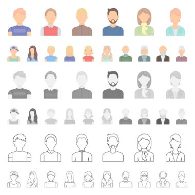 Set koleksiyonu tasarım için avatar ve yüz karikatür simgeler. Bir kişi s görünüm vektör simge stok web çizim.