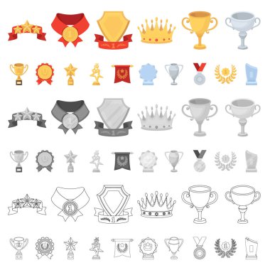 Kupalar ve ödüller set koleksiyonu tasarım için simgeleri karikatür. Sembol stok web illüstrasyon vektör ödül ve başarı.