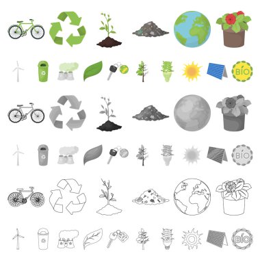 Set koleksiyonu tasarım için biyoloji ve ekoloji karikatür simgeler. Bir ekolojik saf ürün vektör simge stok web çizimi.