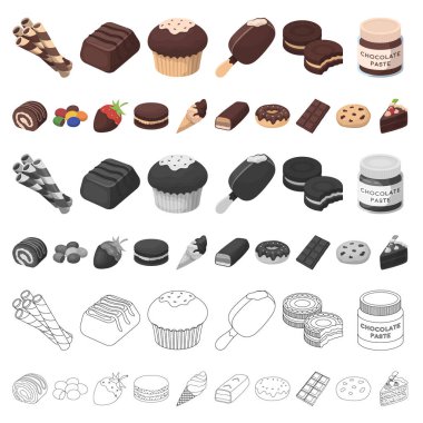 Set koleksiyonu tasarım için çikolata tatlı karikatür simgeler. Çikolata ve şekerleme vektör simgesi web illüstrasyon stok.
