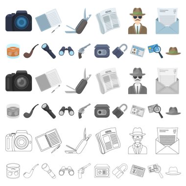 Dedektif ve öznitelikleri set koleksiyonu tasarım için simgeleri karikatür. Dedektif ajansı vektör simge stok web çizim.