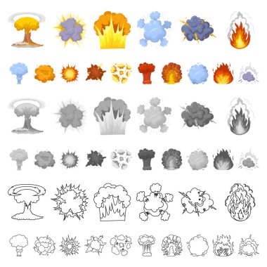 Farklı patlamalar set koleksiyonu tasarım için simgeleri karikatür. Flash ve alev vektör simge stok web çizim.