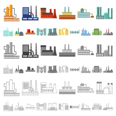 Fabrika ve tesisleri set koleksiyonu tasarım için simgeleri karikatür. Sembol stok web illüstrasyon vektör fabrikası ve donanımları.