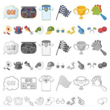 Fan ve öznitelikleri set koleksiyonu tasarım için simgeleri karikatür. Spor Fan vektör simge stok web çizimi.