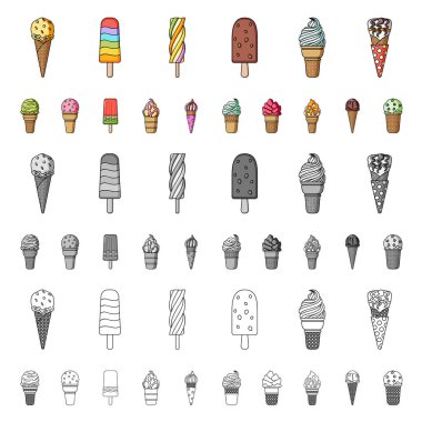 Set koleksiyonu tasarım için farklı dondurma karikatür simgeler. Tatlı ve tatlılık sembol stok web illüstrasyon vektör.