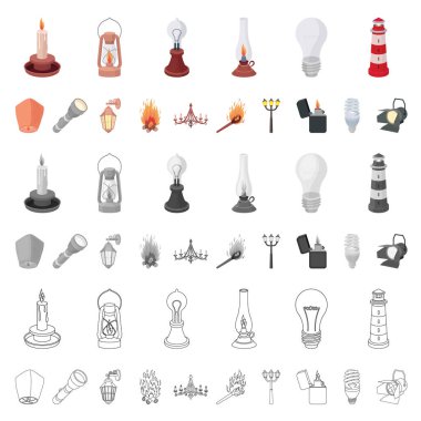 Set koleksiyonu tasarım için ışık kaynağı karikatür simgeler. Işık ve ekipman sembol stok web illüstrasyon vektör.