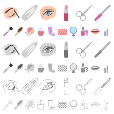 Makyaj ve kozmetik set koleksiyonu tasarım için simgeleri karikatür. Makyaj ve ekipman sembol stok web illüstrasyon vektör.