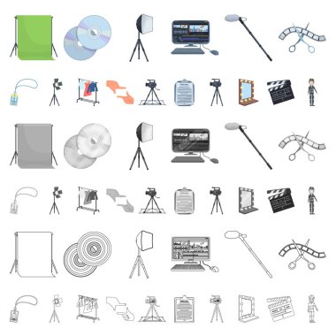 Bir film karikatür simgeleri set koleksiyonu tasarım için yapma. Öznitelikleri ve ekipman sembol stok web illüstrasyon vektör.