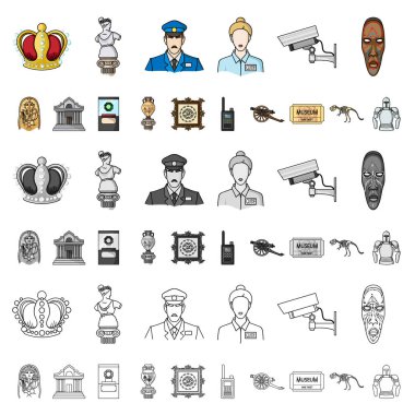 Set koleksiyonu tasarım için müze ve Galeri karikatür simgeler. Depolama ve serginin görülmeye değer parça sembol stok web illüstrasyon vektör.