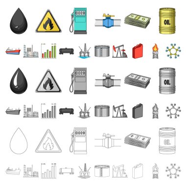 Set koleksiyonu tasarım için petrol sanayi karikatür simgeler. Ekipman ve petrol üretimi sembol stok web illüstrasyon vektör.