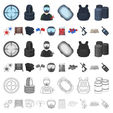 Paintball takım oyun karikatür simgeleri set koleksiyonu tasarım için. Ekipman ve kıyafet sembol stok web illüstrasyon vektör.