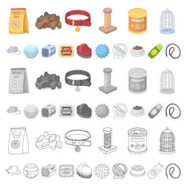 Set koleksiyonu tasarım için evde beslenen hayvan dükkan karikatür simgeler. Hayvanlar için ürünler sembol stok web illüstrasyon vektör.