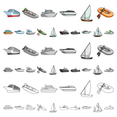 Su ve deniz taşıma karikatür simgeleri set koleksiyonu tasarım için. Tekneler ve gemiler çeşitli sembol stok web illüstrasyon vektör.