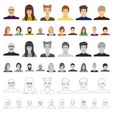 Set koleksiyonu tasarım için avatar ve yüz karikatür simgeler. Bir kişi s görünüm vektör simge stok web çizim.